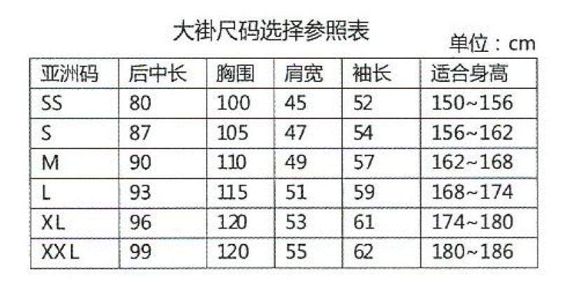 防靜電大褂子碼數表